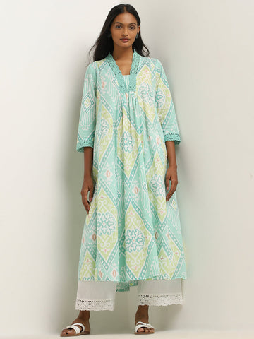 Utsa Turquoise Ikat Design A-Line Cotton Kurta