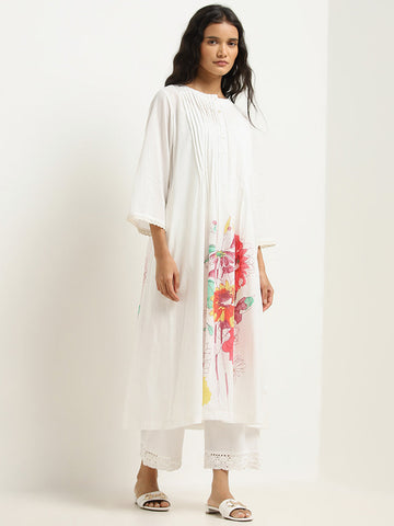 Utsa White Floral Design Cotton A-Line Kurta