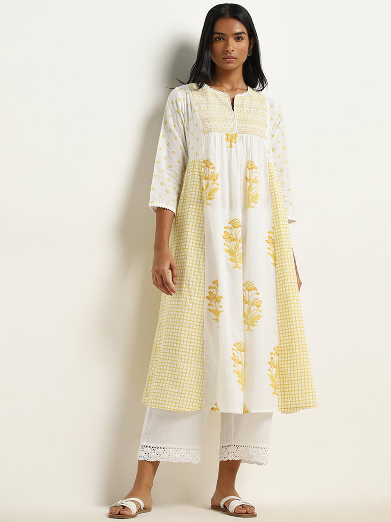 Utsa Yellow Printed A-Line Cotton Kurta