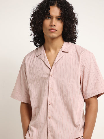 ETA Pink Self Striped Cotton Blend Relaxed Fit Shirt