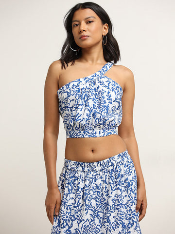 LOV Blue Schiffli Cotton One-Shoulder Top