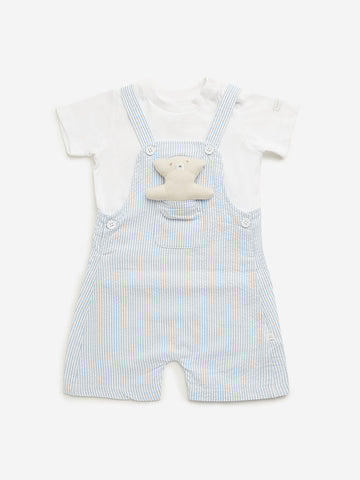 HOP Baby Blue Striped Dungaree with T-Shirt Set