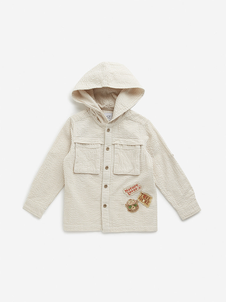 HOP Kids Beige Striped Hooded Jacket