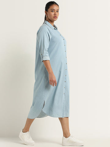 Gia Light Blue Chambray Cotton Straight Shirt Dress