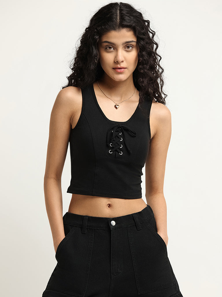 Nuon Black Cotton Blend Lace-Up Crop Top