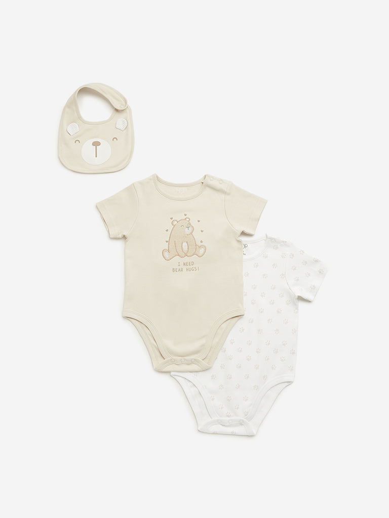 HOP Baby Beige Printed Rompers & Bib Set - Pack of 2