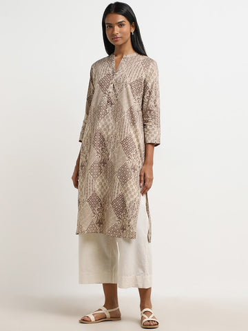 Utsa Light Taupe Abstract Design A-Line Kurta