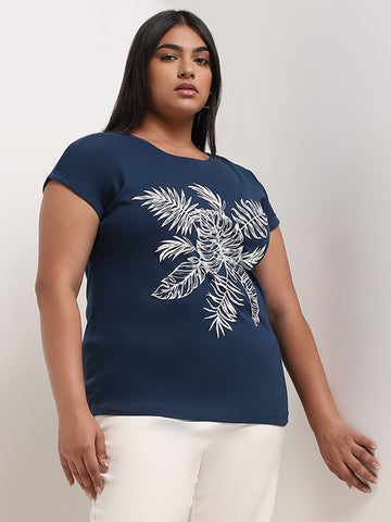 Gia Dark Blue Leaf Embossed Cotton Top