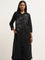 Utsa Black Floral Embroidered A-Line Cotton Blend Kurta