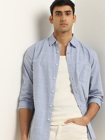 WES Casuals Blue Checkered Relaxed Fit Shirt