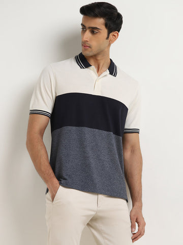 WES Casuals Navy Colour-Blocked Relaxed-Fit Polo T-Shirt