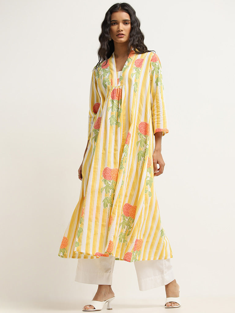 Utsa Yellow Striped Pattern A-Line Cotton Kurta