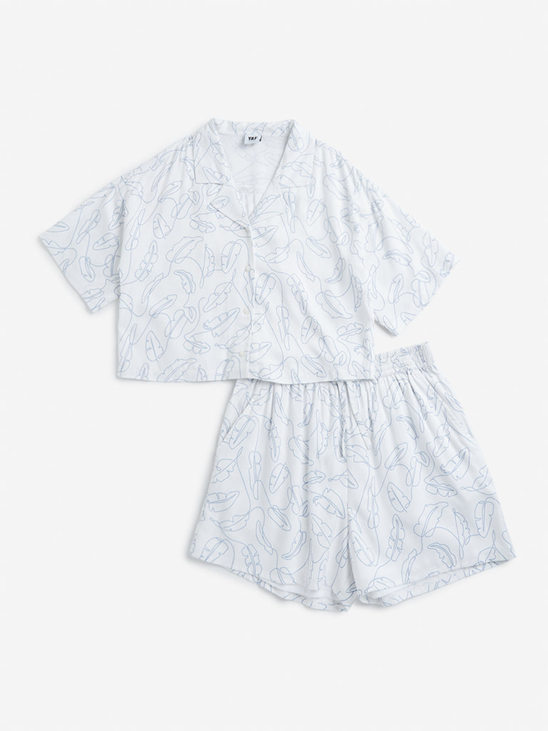 Y&F Kids White Leaf Design Shirt & Shorts Set