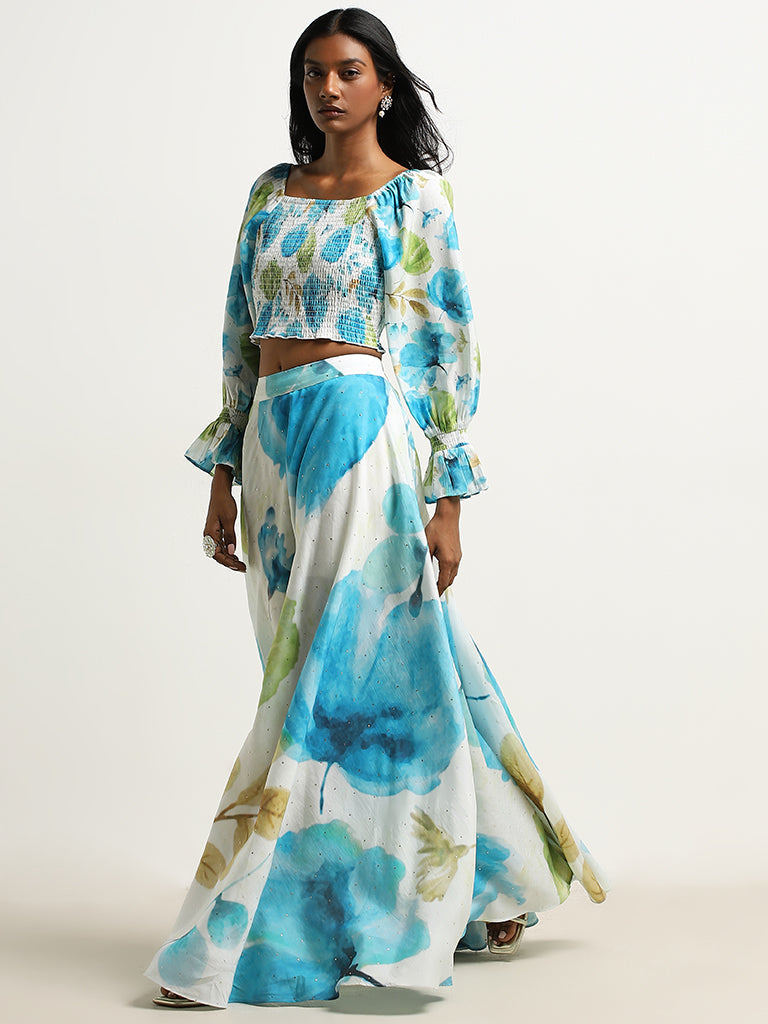 Vark Blue Floral Smocked Top with Mid-Rise Skirt Set