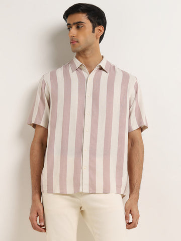 Ascot Dusty Pink Striped Relaxed-Fit Blended Linen Shirt