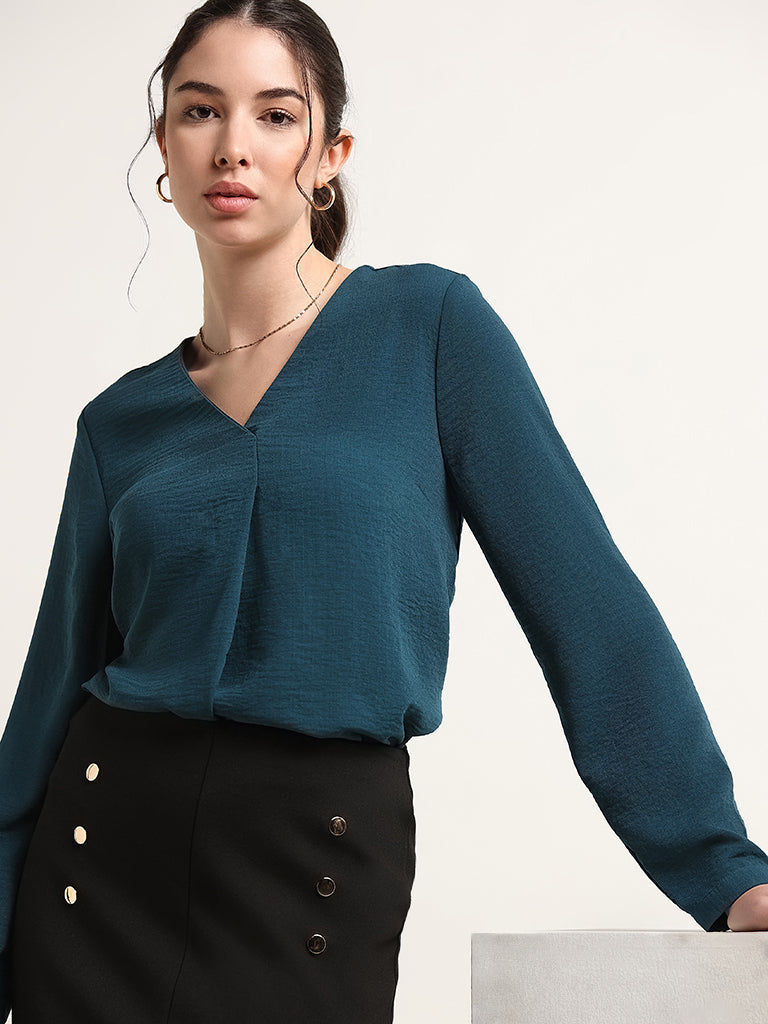 Wardrobe Solid Teal V-Neck Top