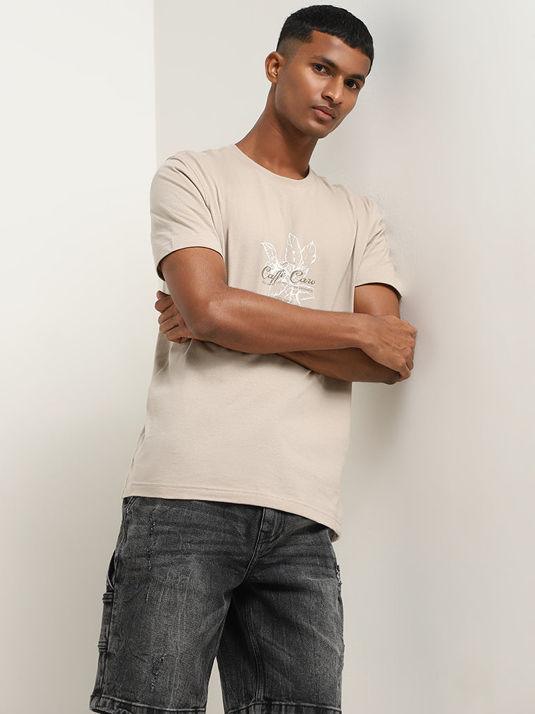 Nuon Beige Contrast Print Slim Fit T-Shirt