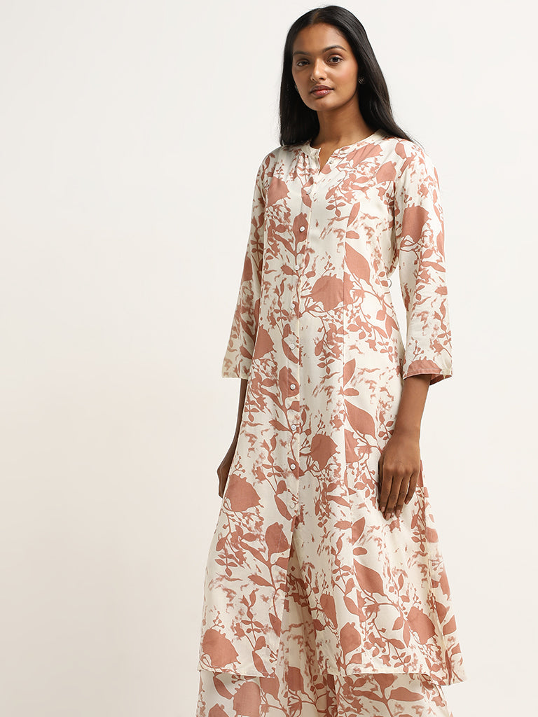 Utsa Light Brown Floral Printed A-Line Kurta