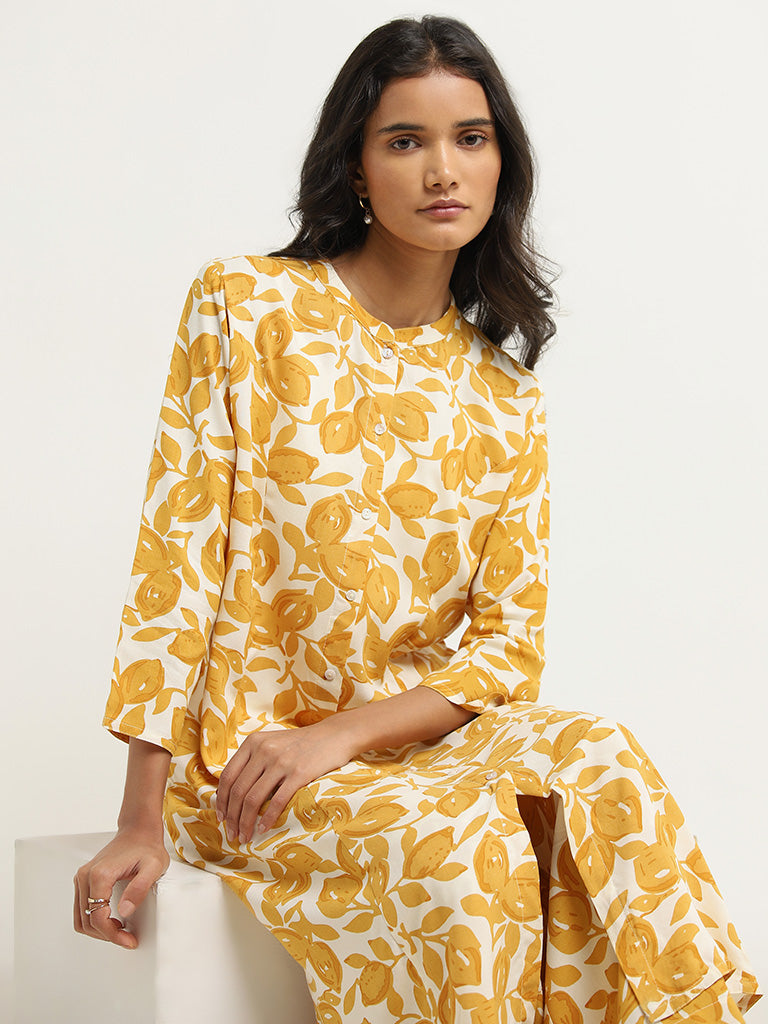 Utsa Yellow Floral Printed A-Line Kurta