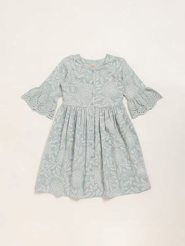 Utsa Kids Blue Foliage Printed A-Line Cotton Dress (8 -14yrs)