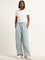 Nuon Light Blue Paperbag-Waist High-Rise Trousers