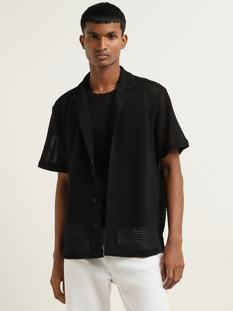 Nuon Black Knit-Textured Relaxed-Fit Shirt