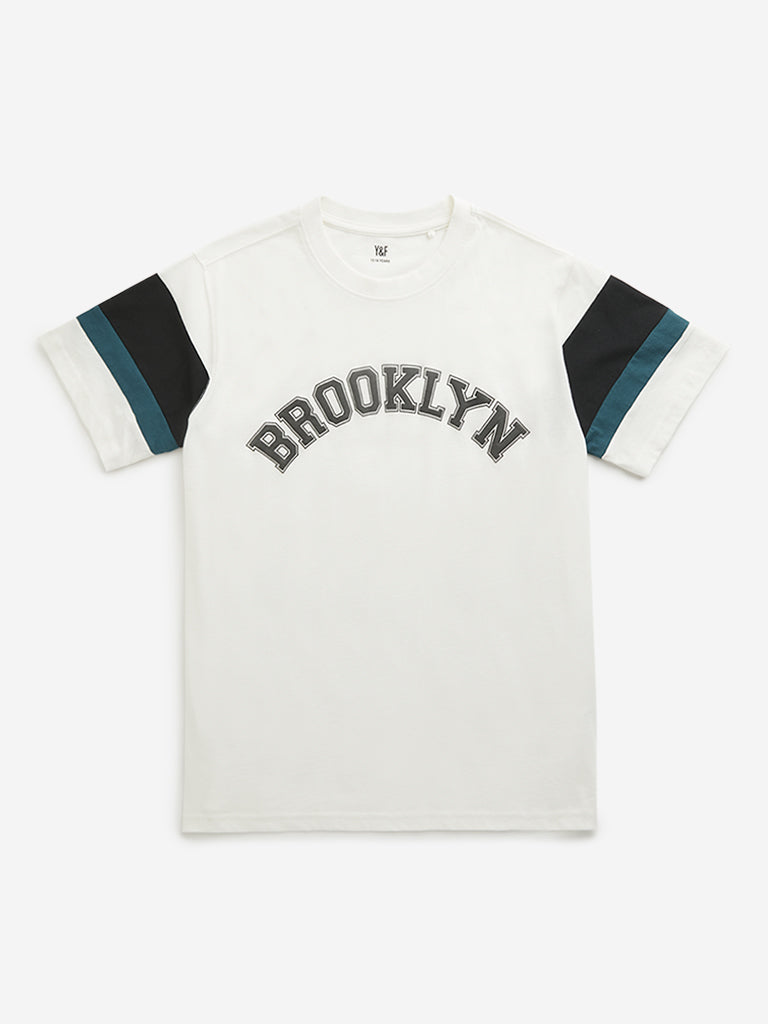 Y&F Kids Off-White Text Design T-Shirt