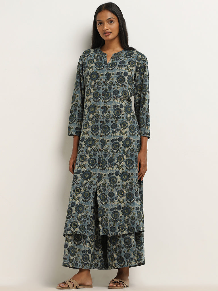 Utsa Teal Foliage Printed A-Line Kurta