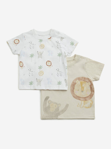 HOP Baby Beige Animal Print T-Shirts - Pack of 2