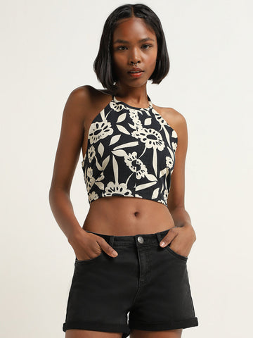 Nuon Black Floral Print Blended Linen Crop Top