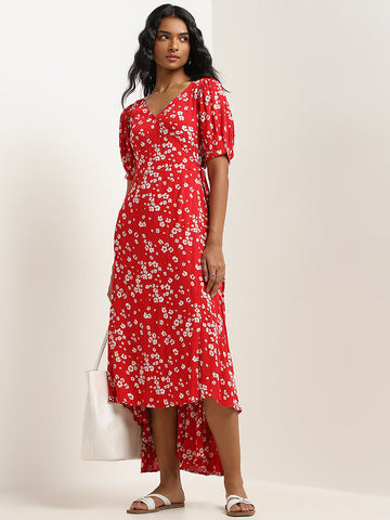 LOV Red Floral Patterned Assymetric Dress