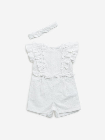 HOP Baby White Schiffli Design Cotton Jumpsuit with Hairband Set