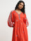 LOV Dark Orange Floral Embroidered A-Line Dress