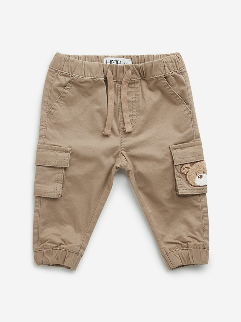 HOP Baby Taupe Bear Mid-Rise Cotton Blend Cargo Joggers