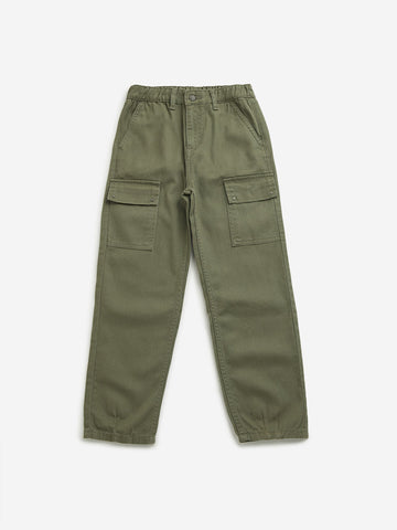 HOP Kids Cotton Olive Mid Rise Cargo Jeans