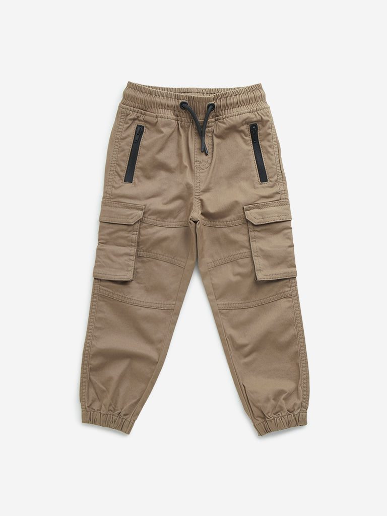 HOP Kids Light Brown Cargo-Style Mid-Rise Cotton Blend Joggers