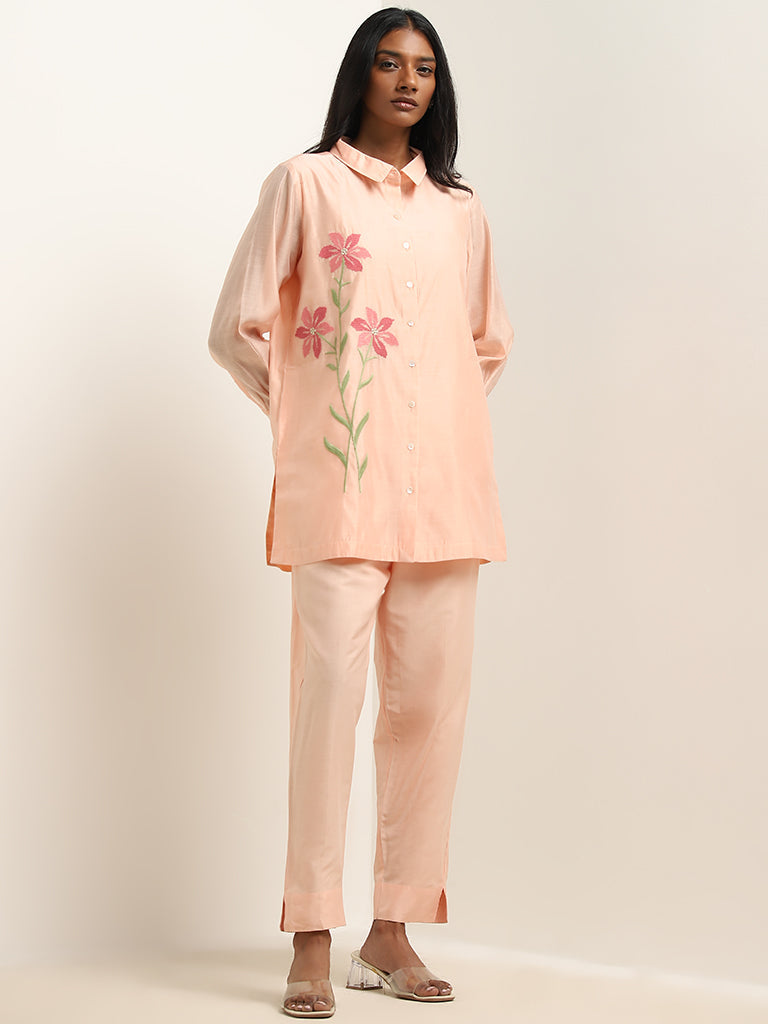 Vark Peach Floral Embroidered Straight Tunic With Pants Set