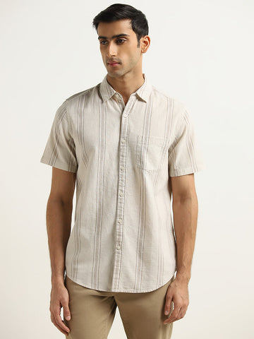 WES Casuals Beige Striped Slim-Fit Cotton Shirt