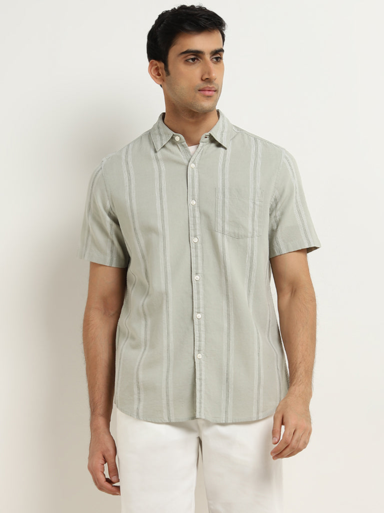 WES Casuals Sage Striped Slim-Fit Blended Linen Shirt