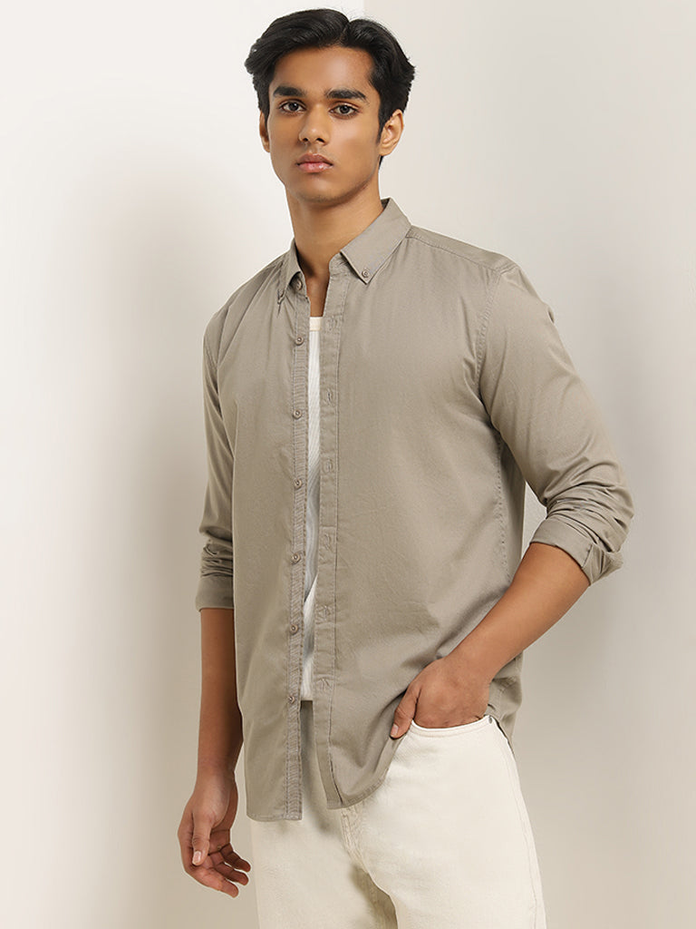 Nuon Dusty Olive Solid Slim-Fit Cotton Shirt