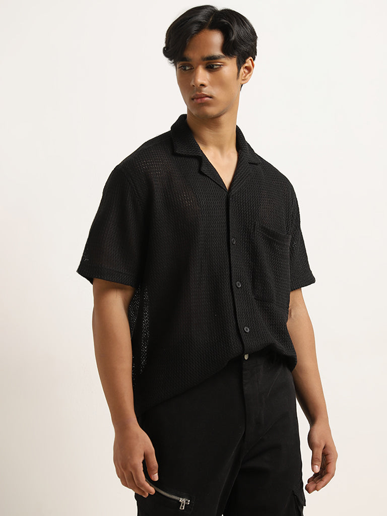 Nuon Black Knit-Textured Relaxed-Fit Shirt