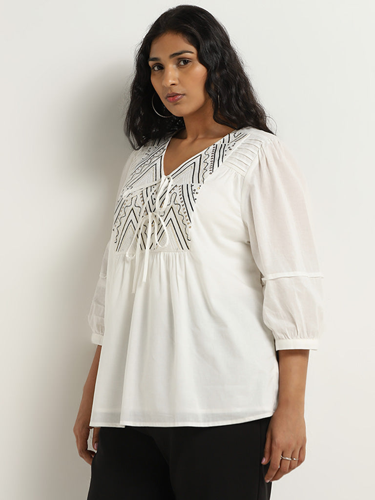 Gia White Chevron-Detailed Cotton Blouse