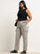 Gia Grey Solid High-Rise Solid Cotton Blend Trousers