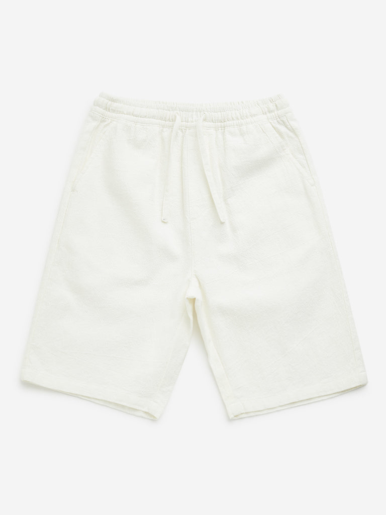 Y&F Kids Off-White Textured Mid-Rise Cotton Shorts