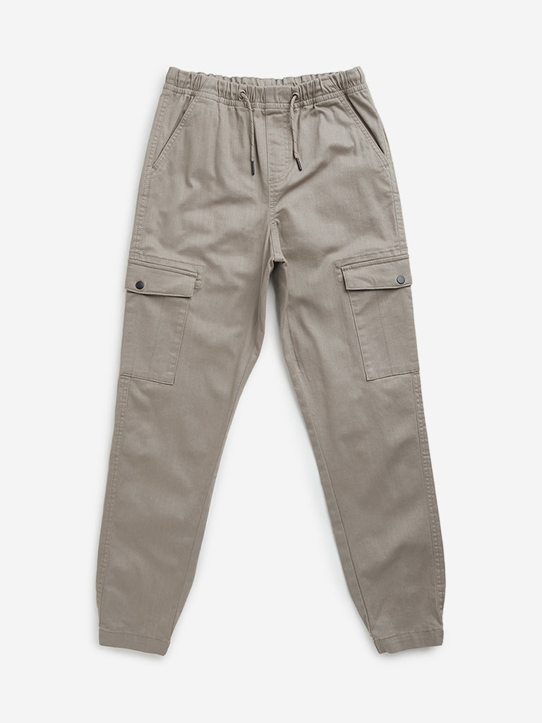 Y&F Kids Taupe Cargo-Style Mid-Rise Cotton Blend Joggers