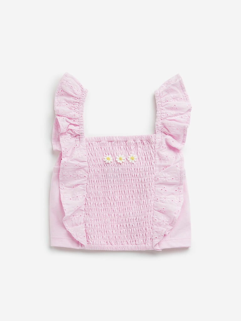 HOP Kids Pink Schiffli Design Ruffled Cotton Top