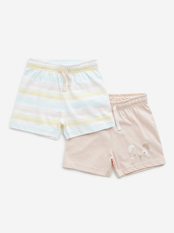 HOP Baby Peach Printed Mid-Rise Cotton Shorts - Pack of 2