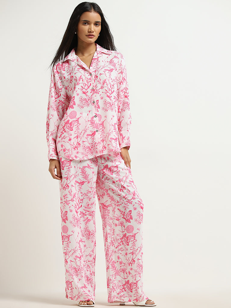 Wardrobe Pink Foliage Pattern Flared Mid-Rise Trousers