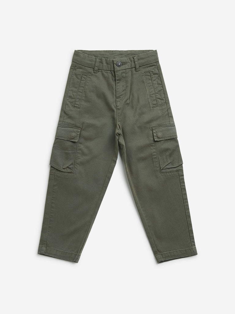 HOP Kids Olive Cargo-Style Mid-Rise Cotton Blend Trousers