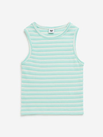 Y&F Kids Mint Striped Ribbed Textured Cotton Top